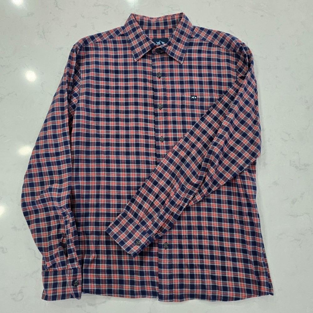 Fish Hippie Rumfront Plaid Shirt Mens Large Navy Orange Cotton Hemp Button-Down